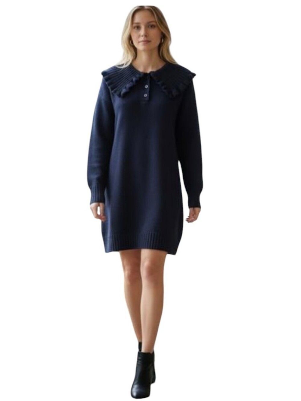 Camila Coelho Revolve Sweater Dress Navy Blue Ruffle Collar Polyester Wool L